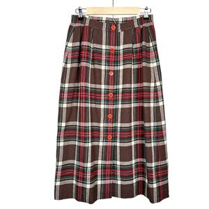 PENDLETON Vintage Plaid Wool Pleated Button Down Dark Academia Midi Skirt